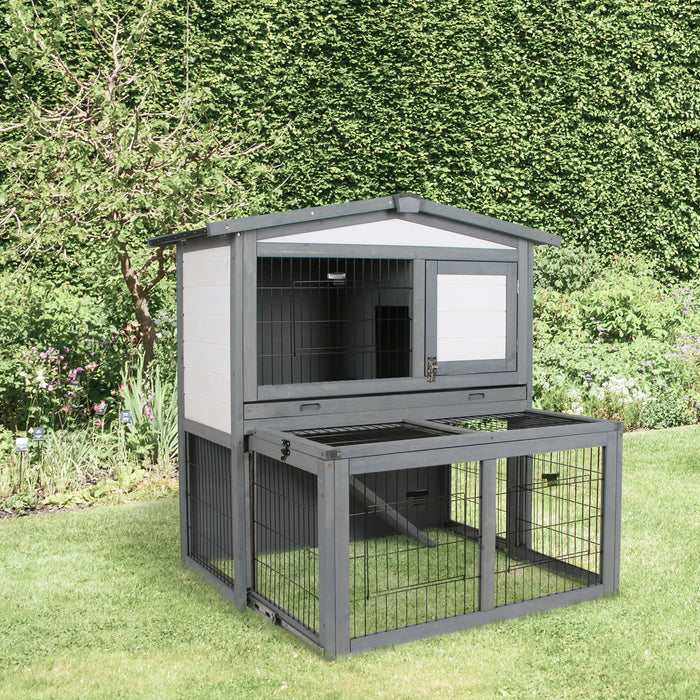 2-Tier Fur Wood Rabbit Hutch - Weatherproof Outdoor Pet Shelter in Grey - Ideal for Bunny Safety and Comfort
