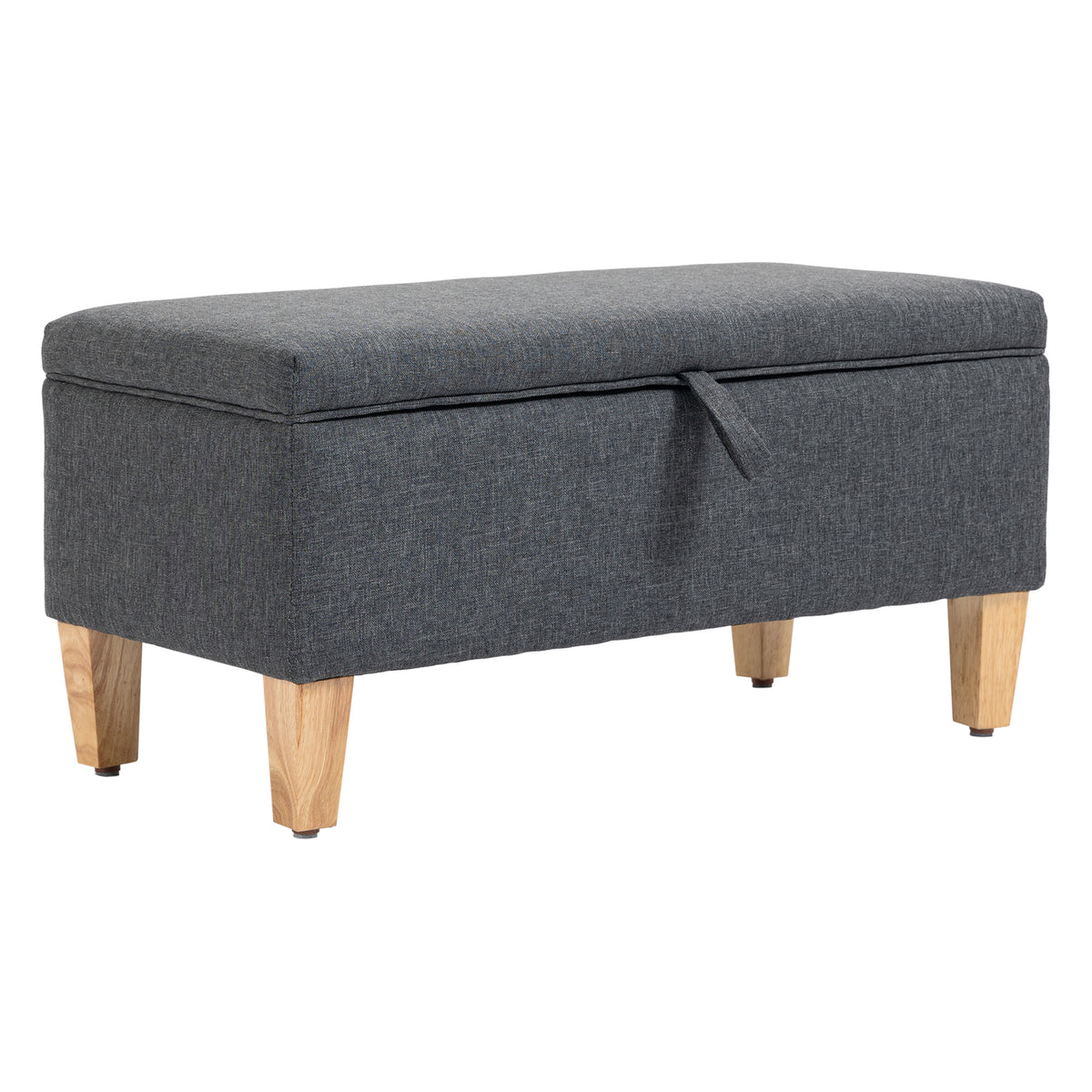 Linen Upholstered Ottoman Bench - Padded Footstool with Durable Rubberwood Legs, Dark Grey - Versatile Bedroom or Entryway Seating Solution