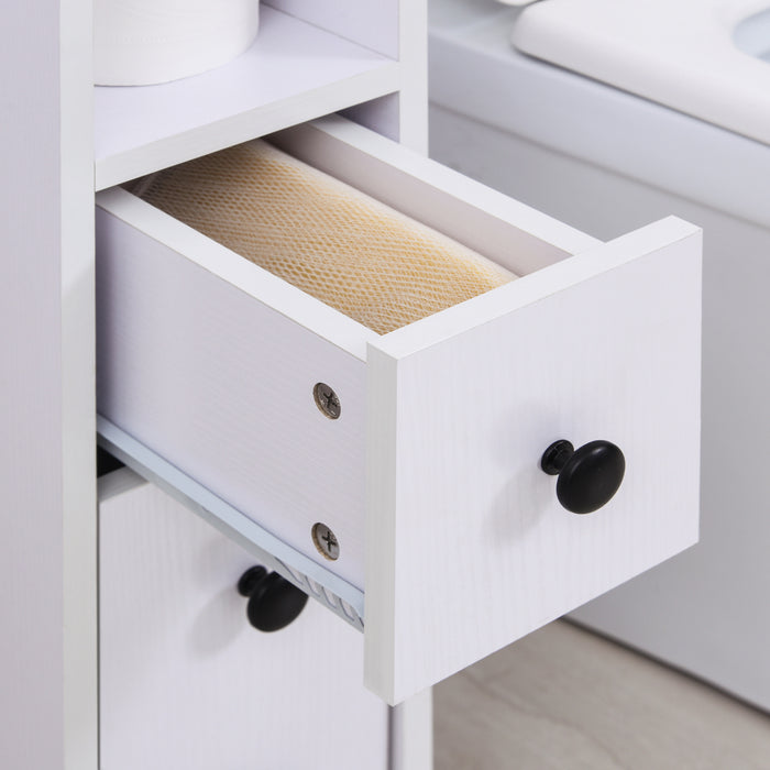 Slimline Freestanding Storage Cabinet - 2 Drawers, Open Shelving, Wheels, and Handles - Space-Saving Organizer for Bathroom or Home Office