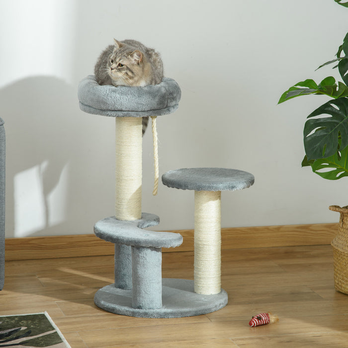 Kitty Scratcher 65cm Cat Tree - Activity Center with Scratching Post, Playhouse & 2 Perches - Ideal for Cats Exercise and Rest with Hanging Sisal Rope, Grey