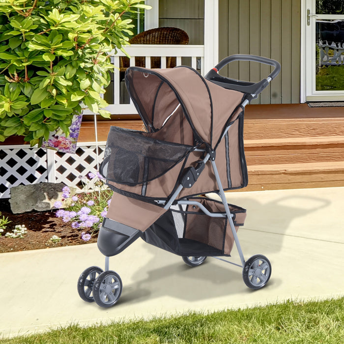 Pet Travel Stroller with Three Wheels - Convenient Dog Pushchair in Coffee Color - Ideal for Pet Transportation and Comfort on the Go