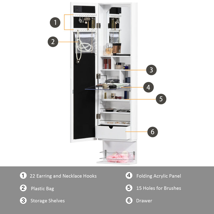 Wall-Mounted Jewelry Storage Mirror with Vanity Makeup Area - Hooks, Shelves, Drawer, 18 LED Lights & Brush Holder - Ideal for Organizing Accessories & Beauty Routine