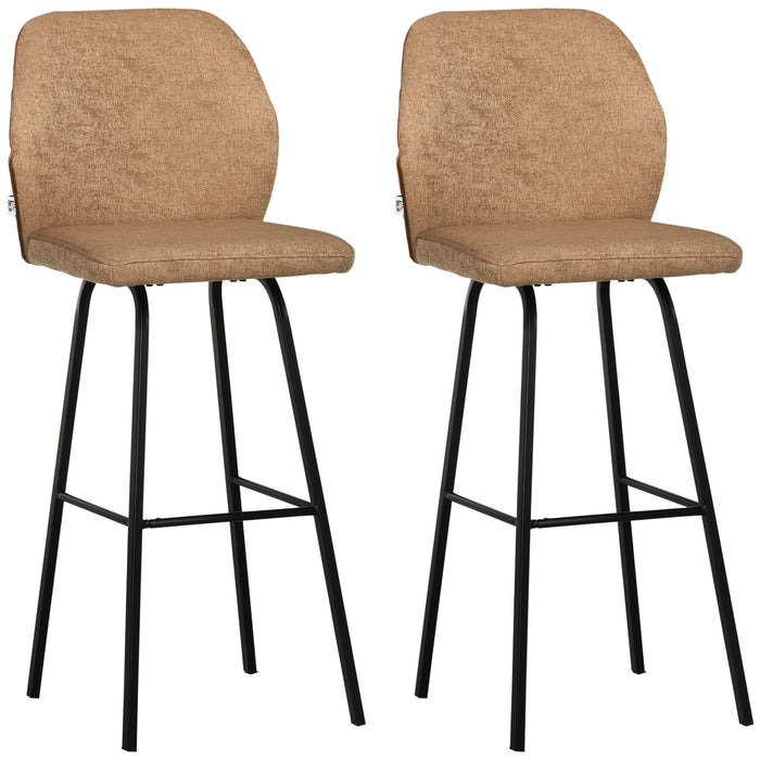 Linen-Touch Upholstered Bar Chairs Set of 2 - Kitchen Bar Stools with Backs and Sturdy Steel Legs in Light Brown - Ideal for Home Bar and Kitchen Island Seating