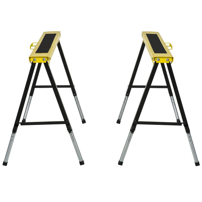Folding Metal Saw Horse Twin Pack - Adjustable Workbench Trestle Stands with EVA Surface, 100kg Max Load - Ideal for Sawing and Woodworking Tasks