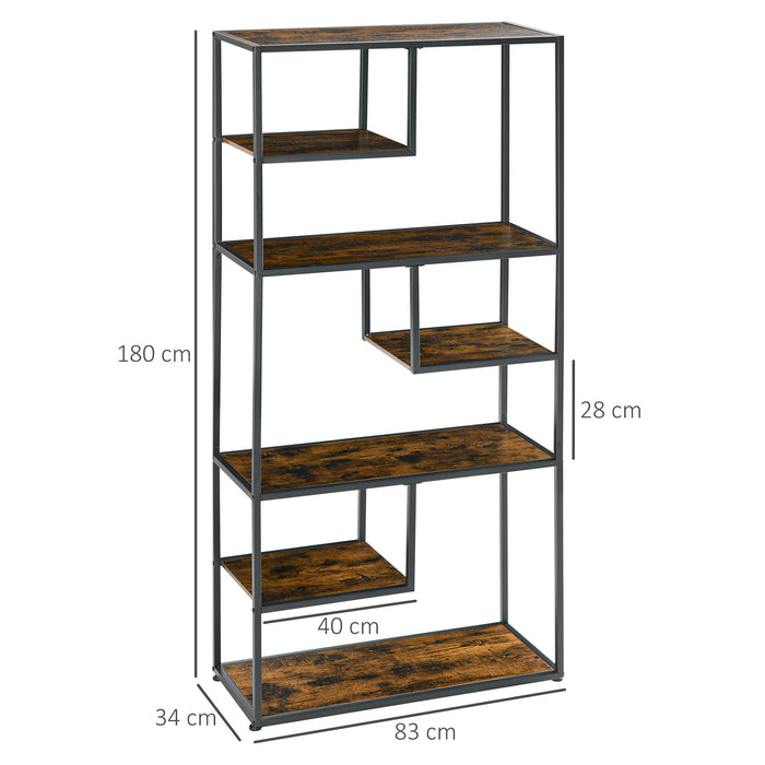 7-Tier Industrial Bookcase - Metal Shelving Unit with Rustic Brown Finish - Versatile Storage for Living Room, Home Office, and Bedroom
