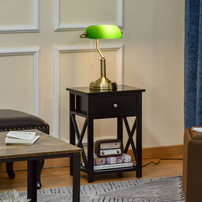 Antique Bronze Banker's Table Lamp - Green Glass Shade Desk Light with Pull Rope Switch - Classic Lighting for Home Office & Living Spaces