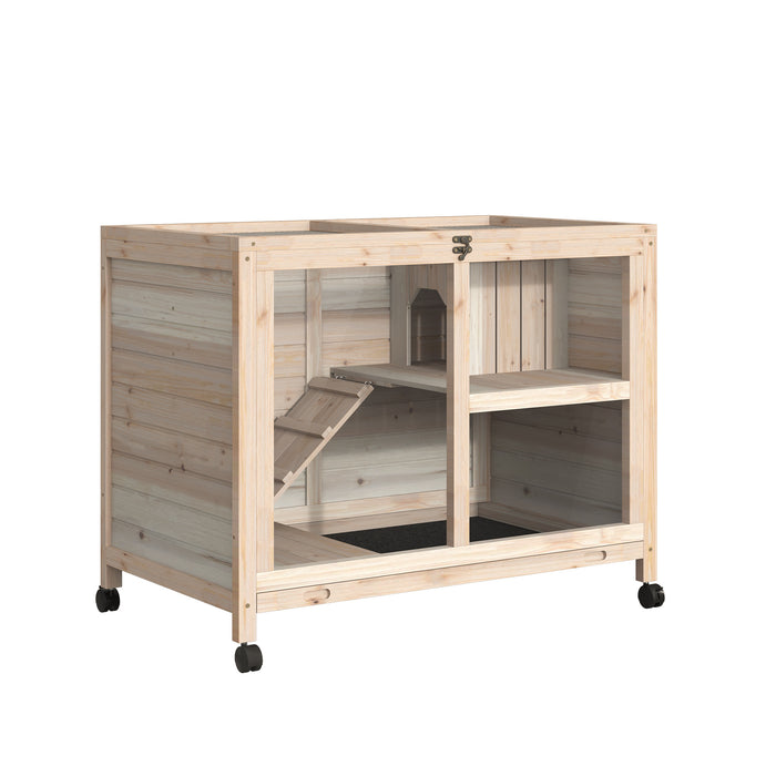 Wooden Rabbit Hutch with Wheels and Pull-Out Tray - Small Animal Enclosure for Guinea Pigs and Bunnies, Openable Roof Design - 91.5 x 53.3 x 73 cm Ideal for Pet Comfort and Easy Cleaning