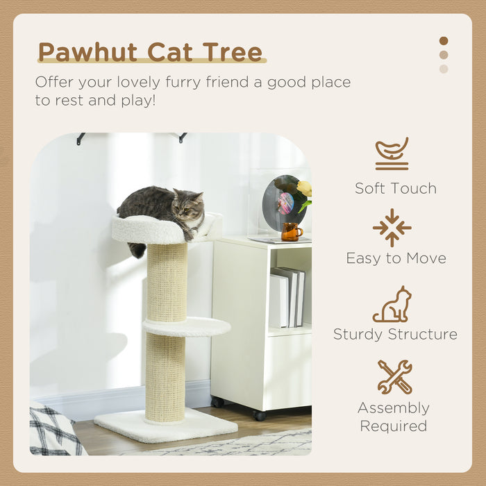 2-Tier Sisal-Sherpa Cat Tree with Basket and Cushioned Sisal Post - Cream White Cozy Pet Furniture - Ideal for Scratching, Lounging, and Entertainment for Your Feline Friends
