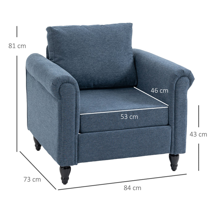 Vintage Tufted Accent Chair - Upholstered Lounge Armchair with Rubber Wood Legs and Rolled Arms in Dark Blue - Elegant Seating for Living Room or Reading Nook