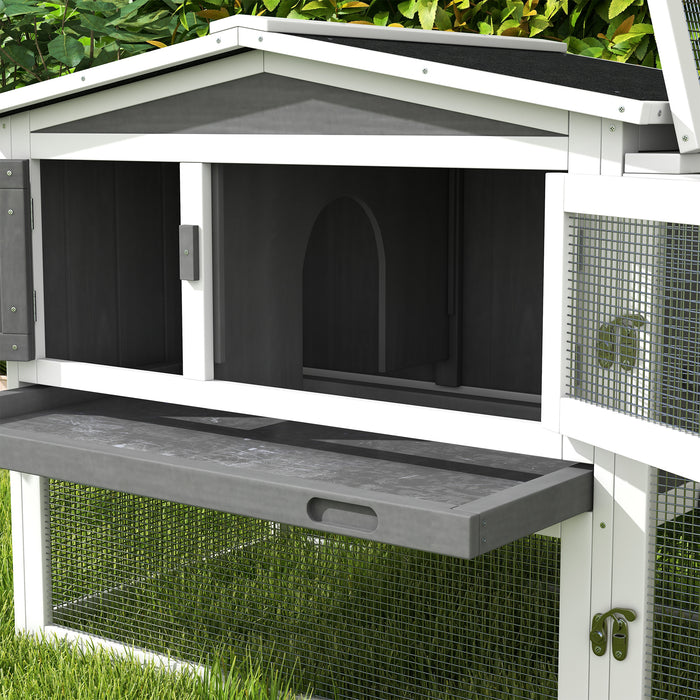 Outdoor Bunny Haven - Wooden Rabbit Hutch with Hay Rack, Ramp, and Hideaway - Ideal for Guinea Pigs and Small Pets, 156x58x68cm, Grey