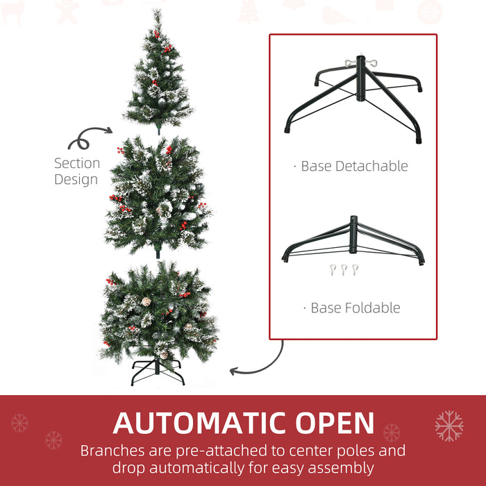 Slim Snow-Dipped Artificial Christmas Tree, 6ft with Pine Cones and Berries - Realistic 588 Branch Pencil Xmas Tree, Auto Open - Perfect for Small Spaces and Holiday Decor