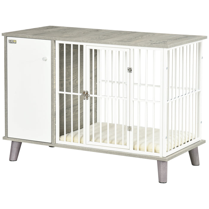 Indoor Pet Kennel Cage with Soft Cushion - Elegant Dog Crate Furniture and End Table Combo, Lockable Door - Stylish Home Accessory for Small Dogs, 98x48x70.5 cm - Grey