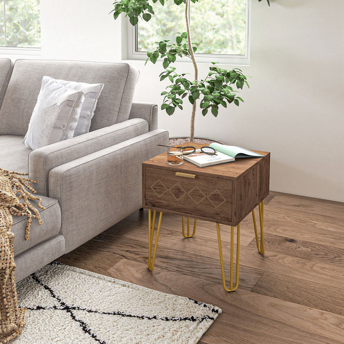 Wooden Nightstand with Storage Drawer - Modern Bedside Table & Sofa Side Table with Gold Tone Metal Legs - Ideal for Living Room and Bedroom Organization