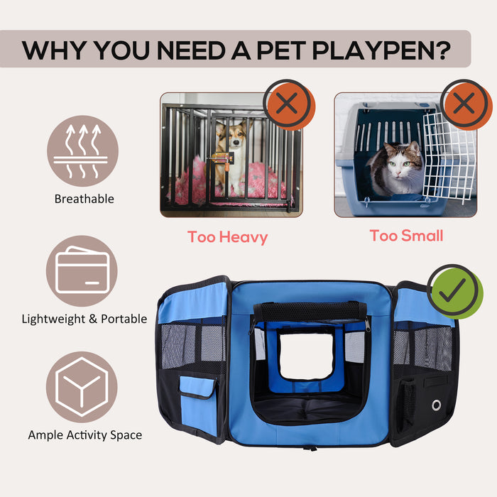 Fabric Pet Playpen with 8-Panel Mesh Construction - Foldable and Portable Enclosure for Puppy, Rabbit, Guinea Pig, Cat - Ideal for Outdoor Play and Exercise, 90 cm Diameter x 41 cm Height, in Blue