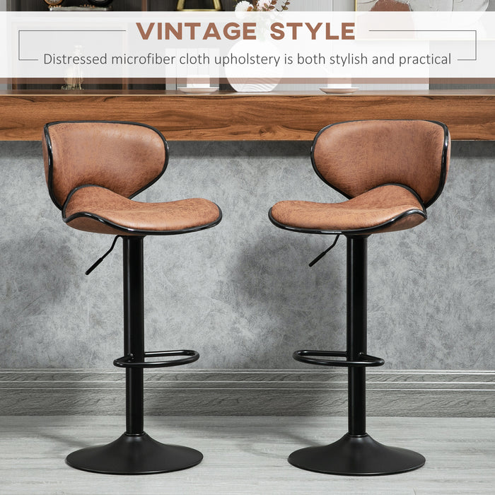 Microfiber Swivel Bar Stools - Adjustable Height Armless Chairs, Set of 2, Brown - Perfect for Kitchen Counter and Home Bar Seating