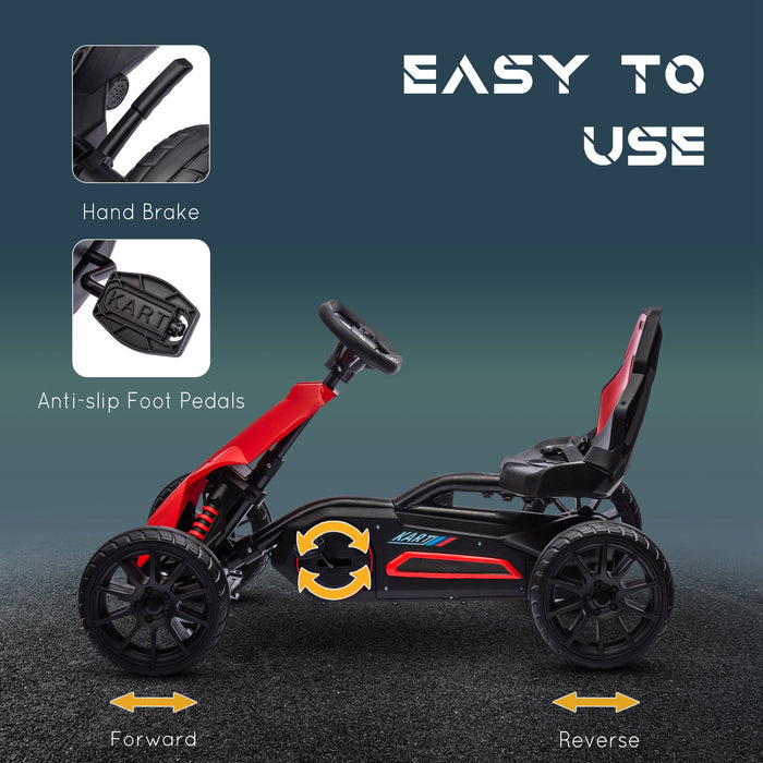 Kids Pedal Go Kart Racer - Adjustable Seat, EVA Tire Shock Absorption, Handbrake - Fun Riding Toy for Ages 3-8, Red