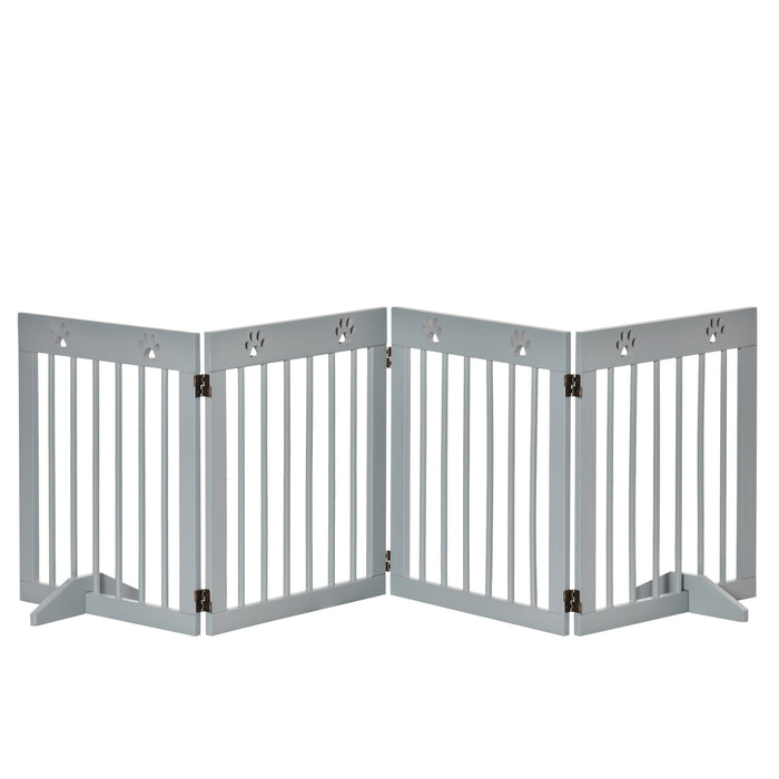 4 Panel Wooden Pet Gate - Freestanding Folding Dog Barrier & Safety Fence with Support Feet - Up to 204cm Wide, 61cm Tall in Light Grey for Home Security