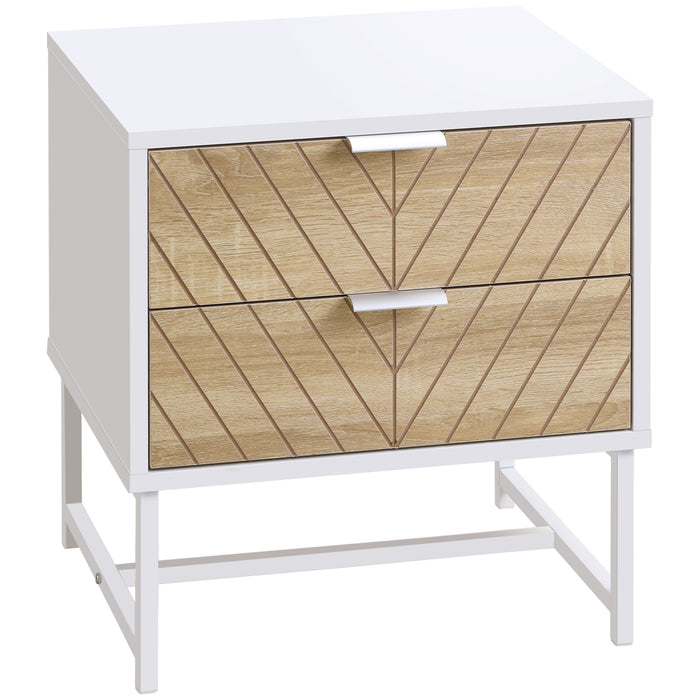 Modern White & Oak Bedside Table with 2 Drawers - Sturdy Metal Frame Sofa Side Table for Bedroom & Living Room - Elegant Storage Solution for Contemporary Home Decor