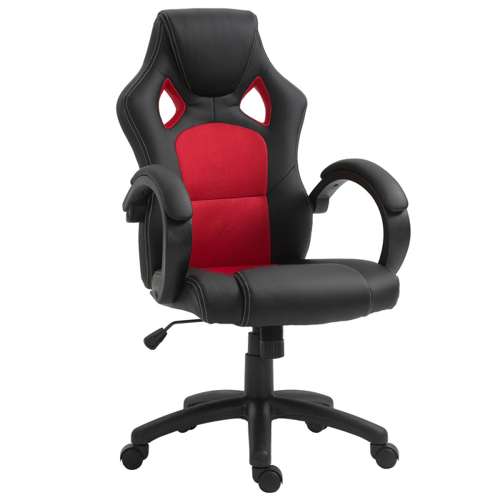 High-Back Swivel Chair - Faux Leather Home Office Desk Chair with Wheels and Armrests, Black & Red - Comfortable Seating for Work or Study