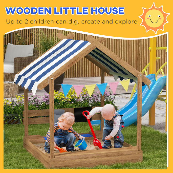 Kids Outdoor Wooden Sandbox with Protective Canopy - Weather-Resistant Brown House Design Play Area - Creative Play Space for Children