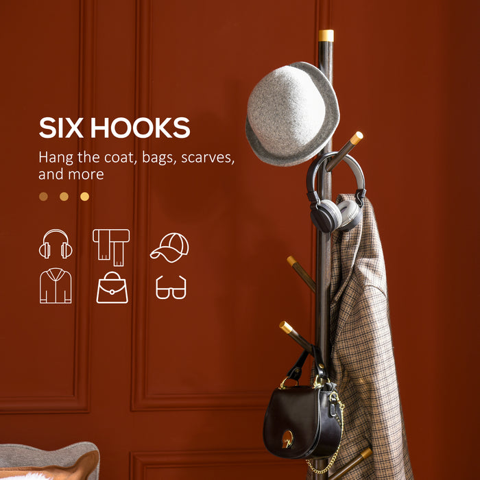 Vintage Style Coat Rack - Free-Standing Bamboo Hall Tree with 6 Hooks for Entryway, Hallway, Bedroom - Elegant Walnut Finish Storage Solution