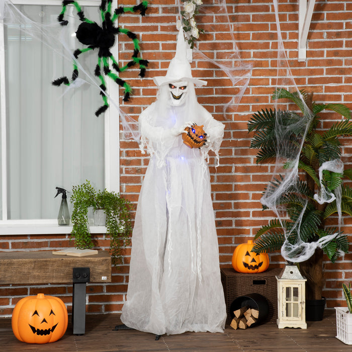 White Witch with Pumpkin Head - 72" Halloween Decoration, Light-Up Eyes, Motion-Activated Standing Skeleton Ghost Prop - Ideal for Haunted House and Seasonal Decor