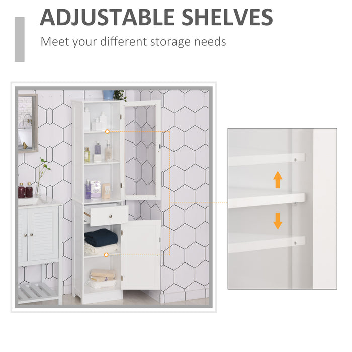 Slim White Bathroom Floor Cabinet - 3-Tier Shelf with Drawer and Door, Free Standing Storage Organizer - Ideal Space Saver for Toiletries and Linens