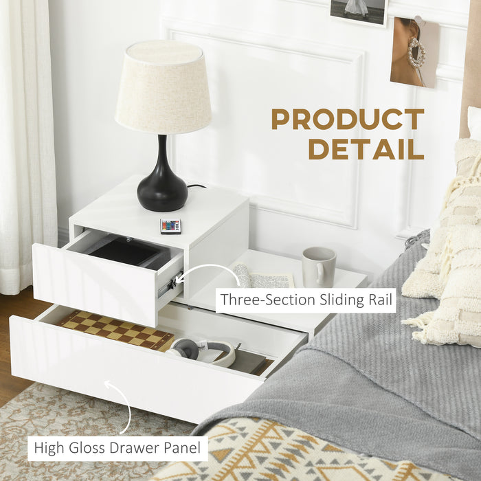 Modern High Gloss Bedside Cabinets with Drawers - Sleek Nightstand with RGB LED Lighting & Remote Control - Perfect for Bedroom & Living Room Ambiance