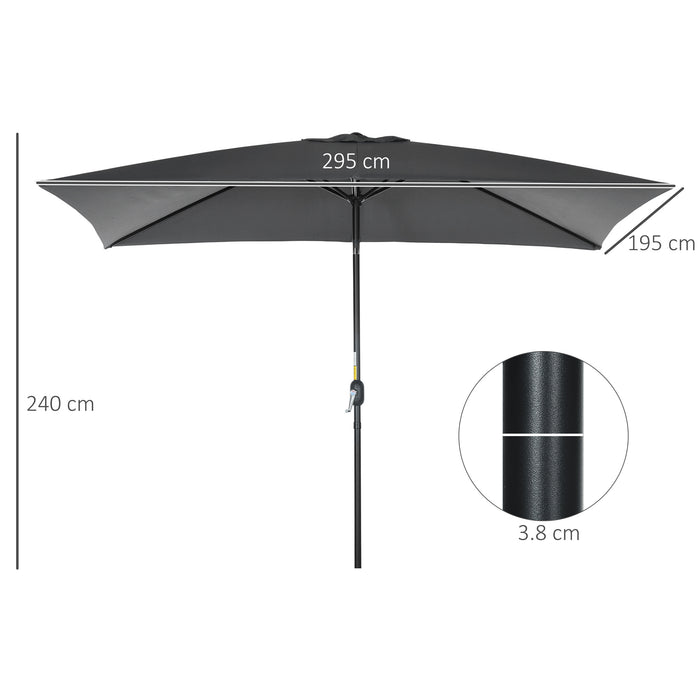 Aluminum Tilt Crank Patio Parasol - 3x2m Rectangular Garden Umbrella with Steel Canopy in Black - Outdoor Sun Shade for Garden, Patio & Deck Areas