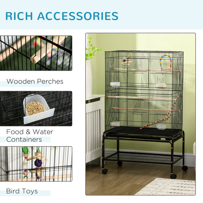 Bird Cage on Wheels with Stand and Accessories - Ideal for Canaries, Finches, Lovebirds, Parakeets - Includes Toys and Storage Shelf for Pet Convenience