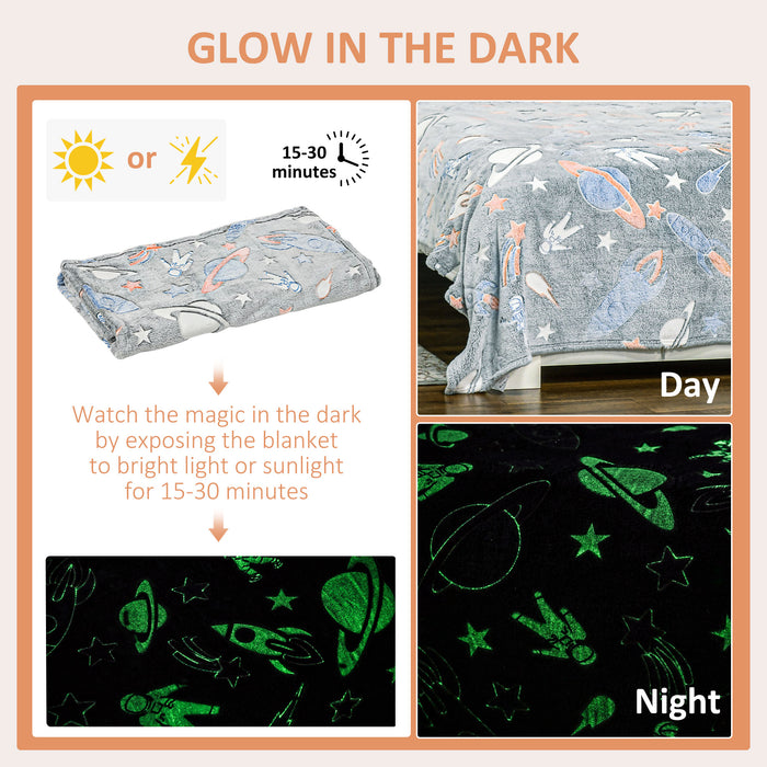 Fluffy Glow-in-the-Dark Fleece Blanket - Galaxy Stars Luminous Flannel Throw, 203x153cm, Grey - Perfect for Kids and Stargazers