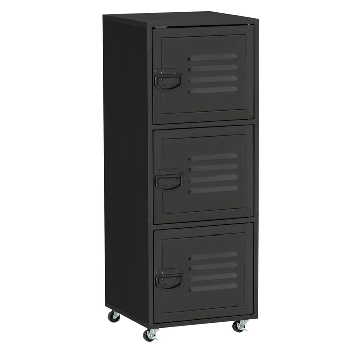 3-Tier Rolling Storage Cabinet - Mobile File Organizer with Wheels and Metal Doors for Home Office or Living Room - Space-Saving Solution for Document and Accessory Storage in Black
