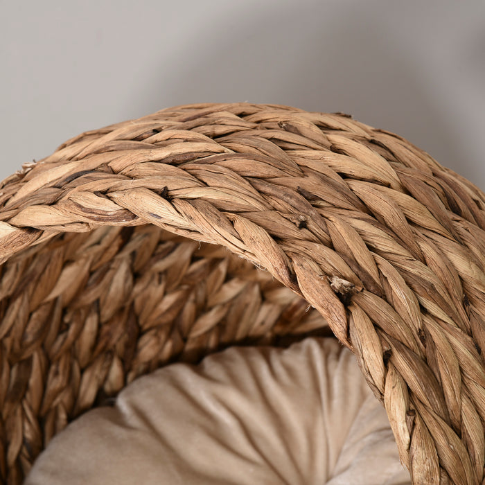 Wicker Cat Bed with Cylindrical Rattan Base - Soft Washable Cushion in Retro Brown, 50x42x60cm - Ideal Comfort for Cats