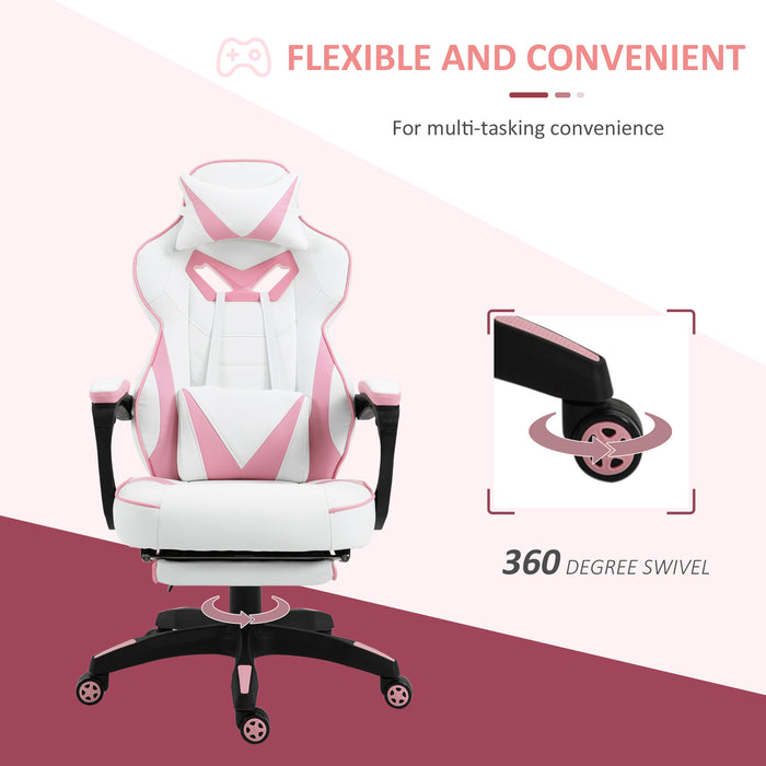 Ergonomic Racing Gamer Chair with Adjustable Features - Rolling Office Desk Chair with Headrest, Lumbar Support & Retractable Footrest in Pink - Ideal for Comfortable Gaming & Productive Work Environments