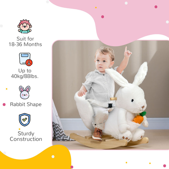 Plush Rabbit-Shaped Rocking Horse with Safety Harness - Interactive White Rocker with Realistic Sounds and Foot Pedals - Ideal for Toddlers 18-36 Months