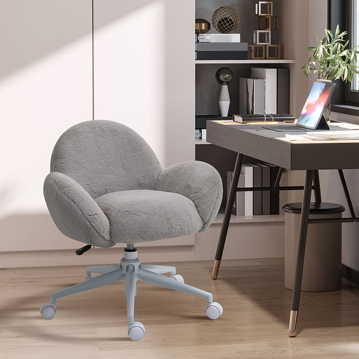 Fluffy Leisure Chair - Ergonomic Home Office Chair with Backrest, Armrests & Wheels - Comfortable Seating for Bedroom & Living Room, Grey