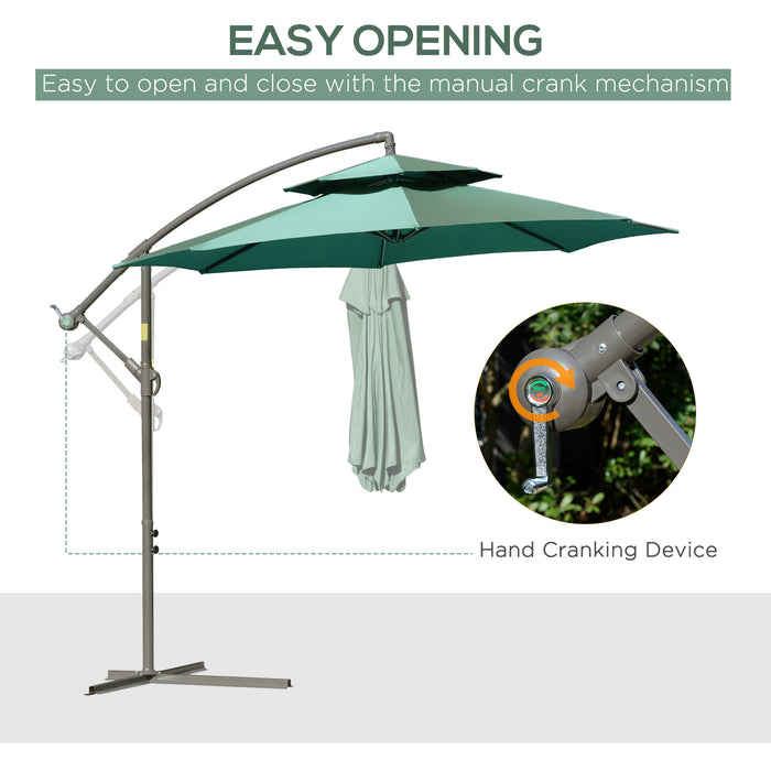 Banana Parasol Cantilever Umbrella - 2.7m with Crank Handle, Double Tier Canopy, Cross Base, Outdoor Hanging Sun Shade - Ideal for Patio, Backyard or Poolside Shade in Green