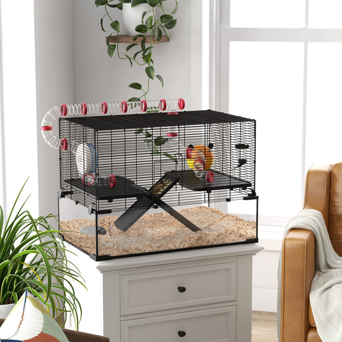 Gerbil & Dwarf Hamster Habitat - Deep Glass Base, Tunnel Tunnels, Ramps, Cozy Hut, and Exercise Wheel - Ideal for Small Rodent Pets, 78.5x48.5x57cm