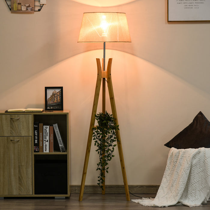 Tripod Floor Lamp with E27 Base and Shelf - Natural Wood & Beige Fabric Shade for Ambient Lighting - Ideal for Bedroom and Living Room with Convenient Foot Switch