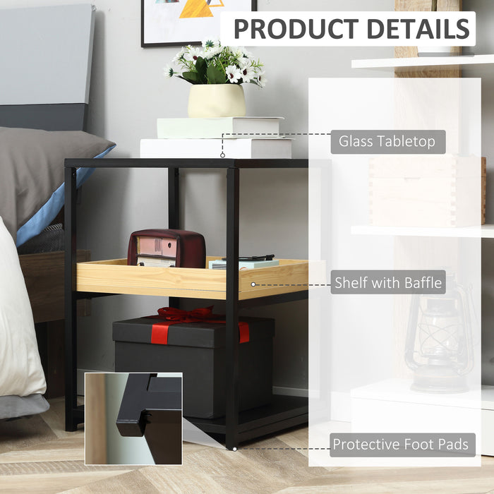 3-Tier Glass Top Side Table - End Table with Storage Shelves & Sturdy Steel Frame - Versatile Nightstand for Bedroom Organization