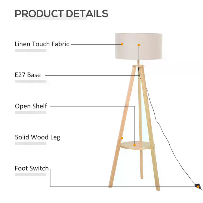 Freestanding Tripod Floor Lamp with Storage Shelf - Linen Shade Bedroom and Living Room Reading Light - Bedside Lamp for Cozy Ambiance, 154cm, Cream