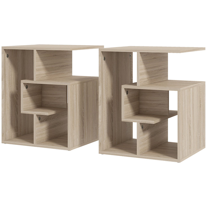 3-Tier Oak Side Table with Open Storage Shelves - Versatile Living Room End Table Organizer, Set of 2 - Ideal for Space-Saving and Organization
