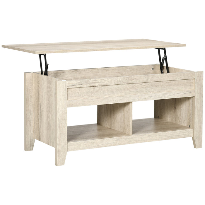Lift-Top Oak Coffee Table - Hidden Storage, Pop-Up Tabletop, and Open Shelving - Versatile Living Room Centerpiece
