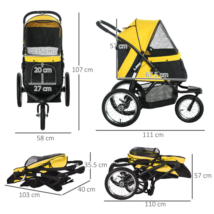 Foldable Pet Jogging Stroller - Medium & Small Dogs and Cats Pram with 3-Wheel Design & Adjustable Canopy in Yellow - Ideal for Pet Parents on the Go