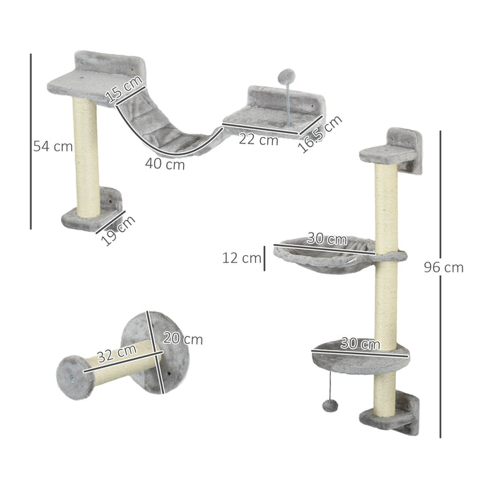 Cat Haven - 4-Piece Wall-Mounted Lounging Set with Hammock, Perches, Ladder & Scratcher in Grey - Ideal for Playful and Restful Pets