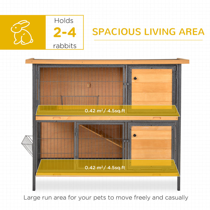 Wooden Rabbit Hutch with Metal Frame - 2-Floor Bunny Cage, Slide-Out Tray, Feeding Trough, Ramp, Lockable Door, Openable Roof - Ideal for Small Pet Housing and Care