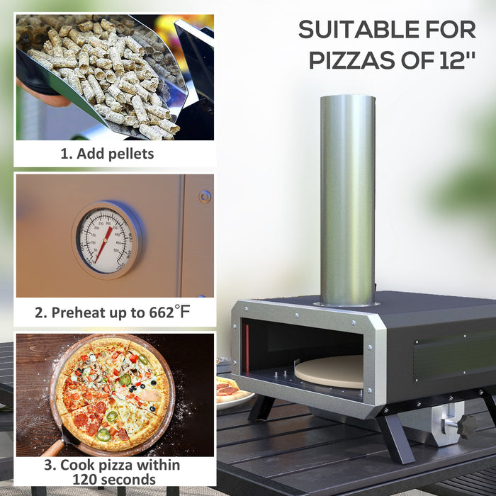Wood Fired Portable Pizza Oven with Rotating Stone - 12-Inch Wood Pellet Outdoor Pizza Maker with Thermometer and Accessories - Ideal for Garden Cooking and Entertaining