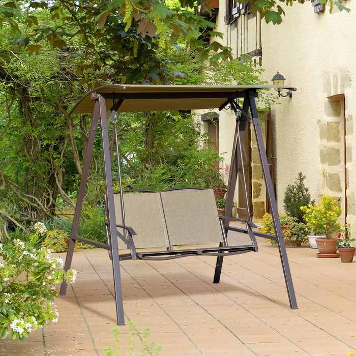 2 Seater Garden Swing Chair - Outdoor Canopy Bench with Adjustable Sunshade and Sturdy Metal Frame, Brown - Ideal for Patio Relaxation and Comfort
