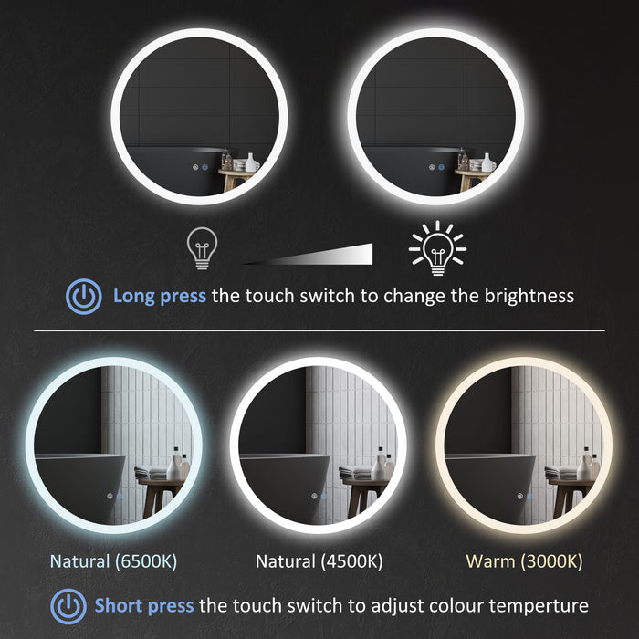LED Illuminated Round Bathroom Mirror - 60cm with 3 Colour Temperatures, Anti-Fog, Aluminium Frame - Ideal for Modern Bathrooms and Vanity Areas