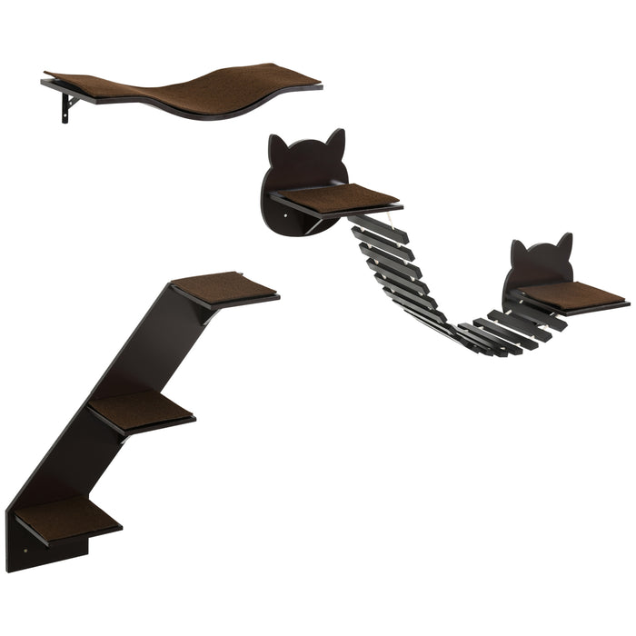 Cat Climbing Shelf Set - 3PC Wall-Mounted Jumping Platforms, Ladders for Active Cats - Kitten Activity Center in Coffee Brown
